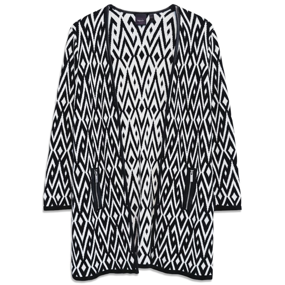 Rafaella Open Front Cardigan Womens PM Black White Geometric Faux Leather‎ Trim